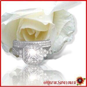 NWT 925 Stamped 2 Piece Princess Cut Halo & Pave' Ring Set